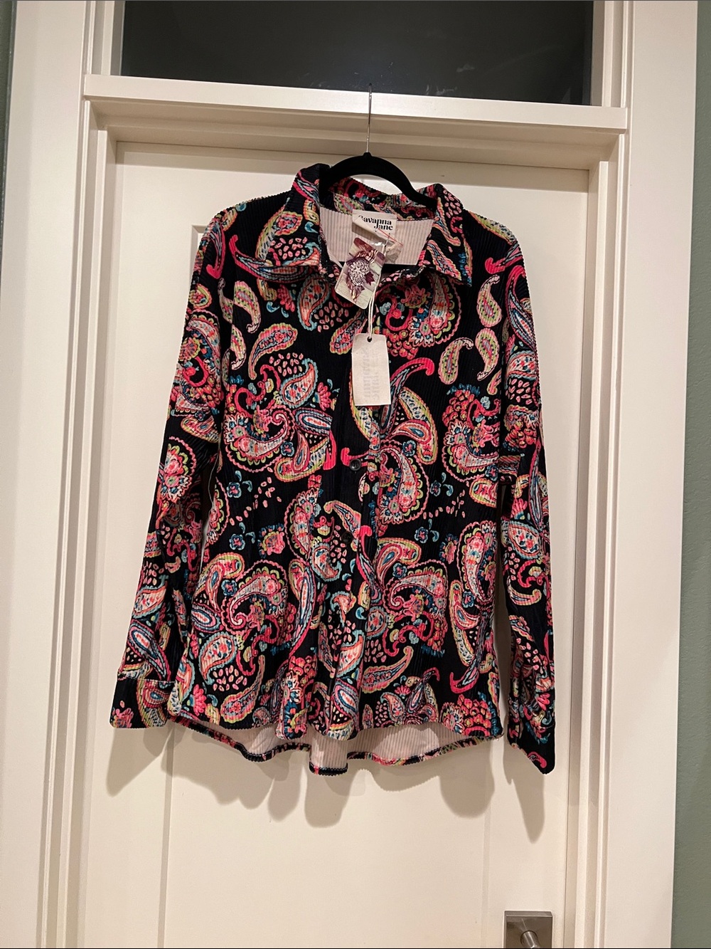 Savanna Jane Black Paisley Button-Down Shirt with Pink Teal Accents
